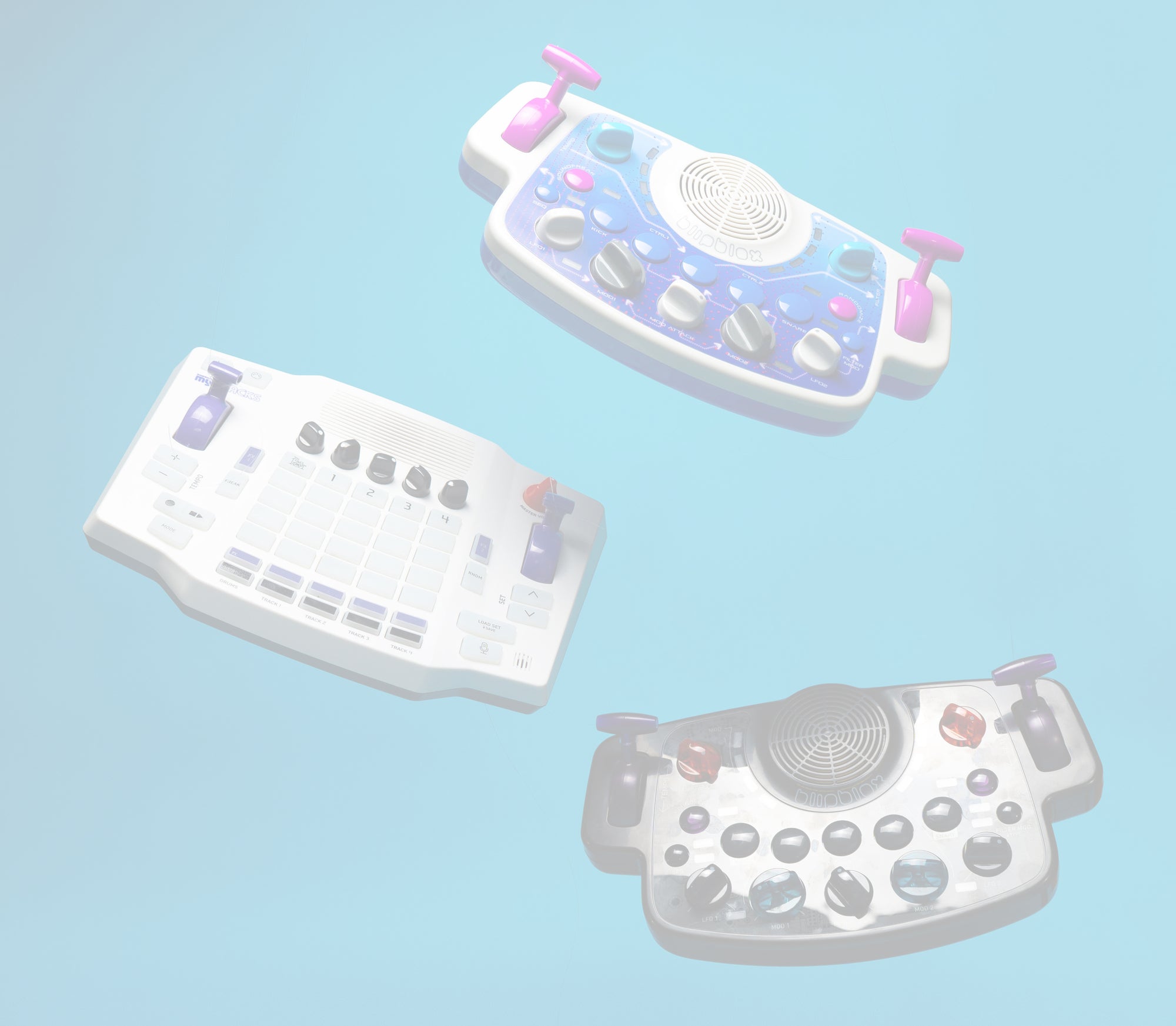 Three Blipblox instruments on a light blue background
