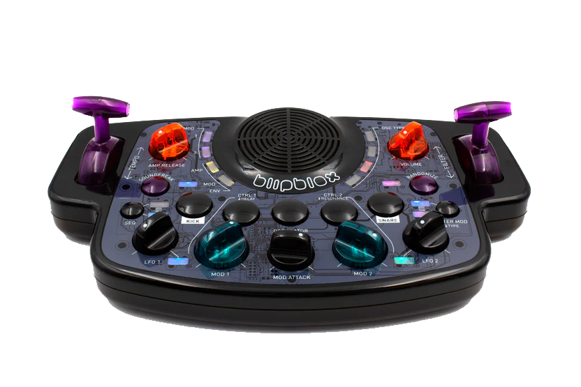 Front view of the Blipblox After Dark synthesizer, featuring dual joysticks, colorful knobs, translucent controls, and a central speaker, on a white background.