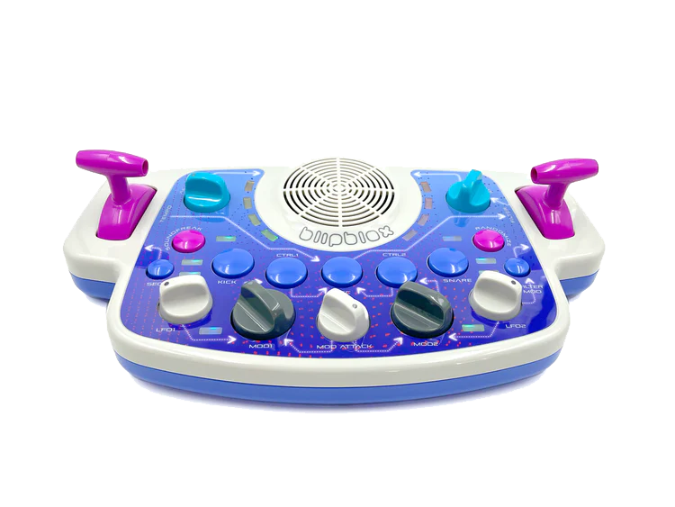 Front-facing product shot of the Blipblox SK2 synthesizer, featuring bright controls, a built-in speaker, and a colorful purple and blue design.