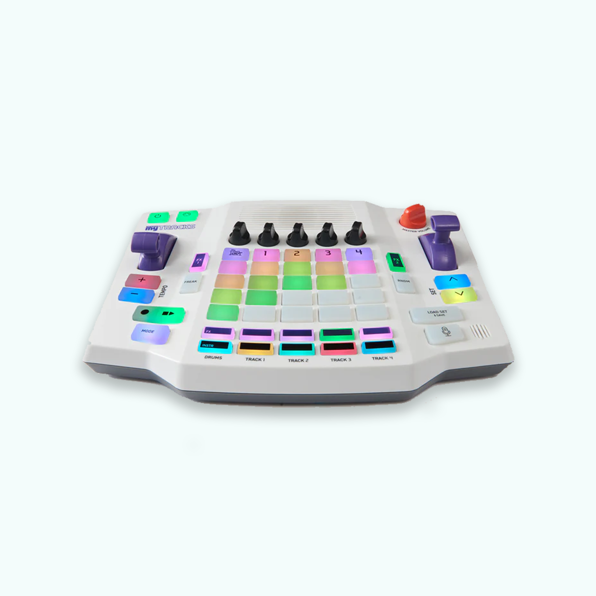 Music production controller with colorful pads and buttons on a white background