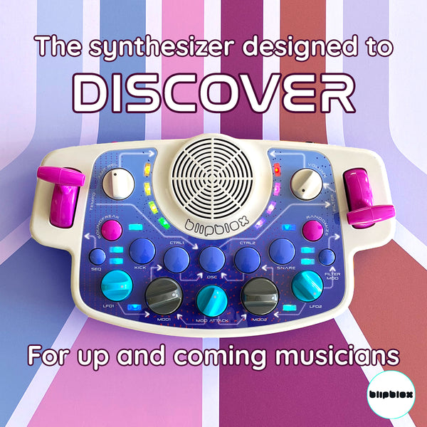 Blipblox SK2 synthesizer on graphic background with text "The synthesizer designed to discover, for up and coming musicians."
