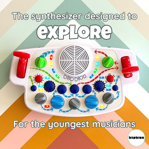 Blipblox synthesizer on graphic background with text "The synthesizer designed to explore, for the youngest musicians."
