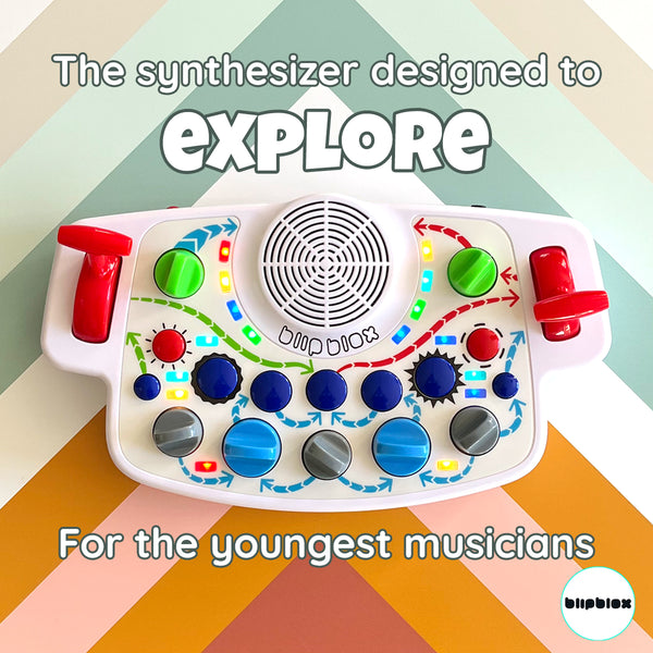 Blipblox synthesizer on graphic background with text "The synthesizer designed to explore, for the youngest musicians."